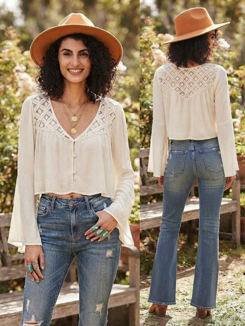 Forever 21 M Y2K Bell Sleeve Semi Sheer Crop Top Bohemian Coastal Cowgirl